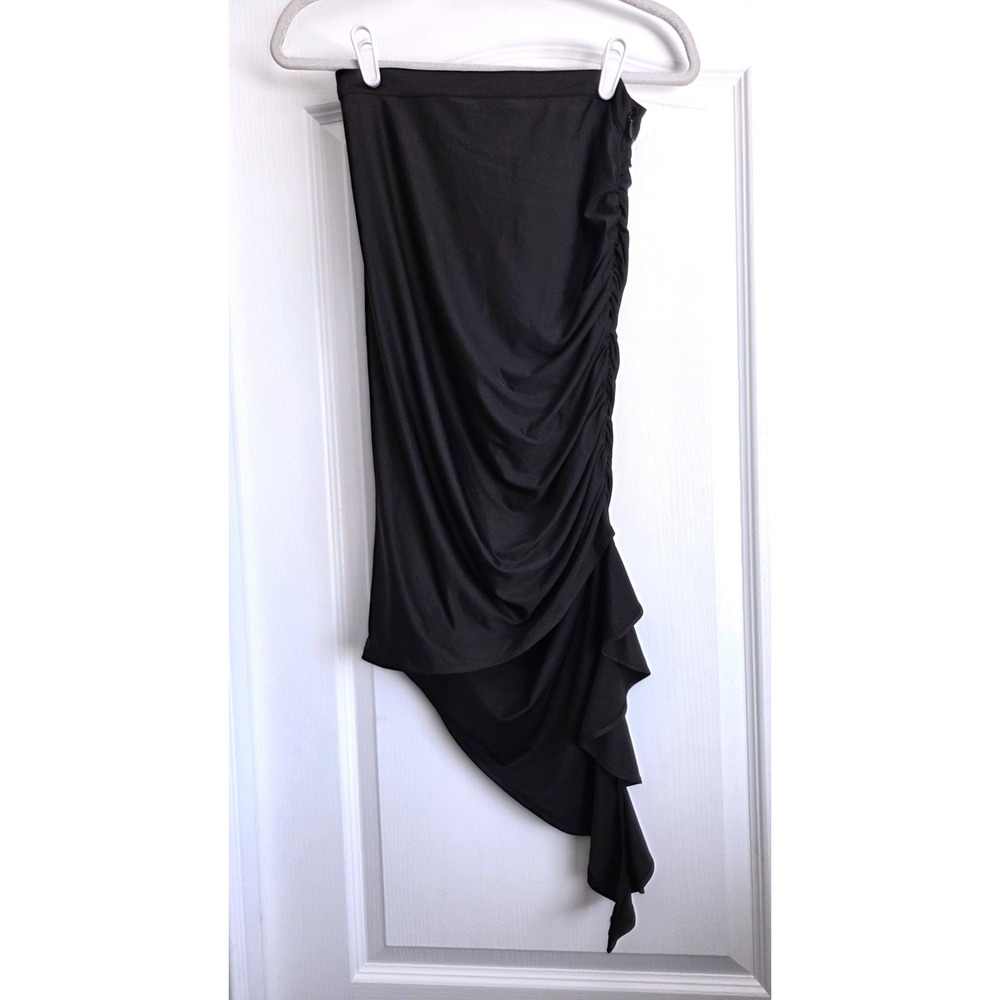 Bebe Black Satin Asymmetrical Cascading Ruched Midi Skirt Size S Y2K Party NEW